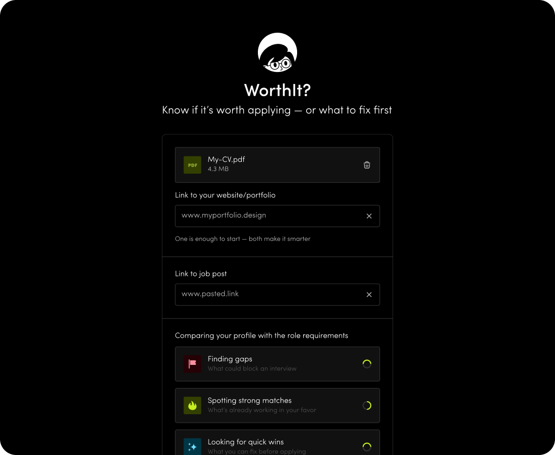 WorthIt? app interface showing CV upload, portfolio and job post links, and profile comparison results.
